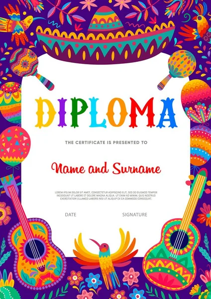 Diploma Infantil Com Sombrero Mexicano Instrumentos Musicais Guitarra Maracas Diploma — Vetor de Stock