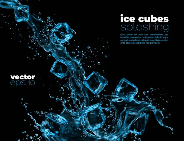 Ice Cubes Blue Water Wave Splash Transparent Water Frozen Ice — Stock Vector