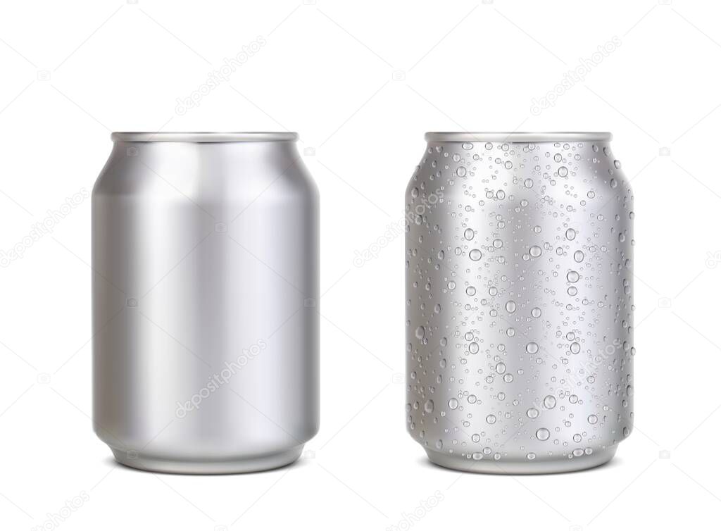 Realistic short aluminium can with water drops. Silver beer, soda, lemonade, juice, coffee energy drink mockup. Isolated vector metal 3d canisters, blank tin jars with blobs front view, beverage can