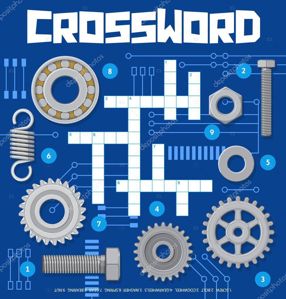 Mechanic spare parts crossword grid worksheet. Find a word quiz game, children educational playing activity, kindergarten child vocabulary game or puzzle with metal gear cogwheels, bolts and springs