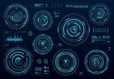 HUD fütüristik dairesel paneller. Sci Fi web arayüzü, iş bilgileri görsel veriler, oyun kullanıcı arayüzü vektör paneli. Geleceğin yuvarlak görüntüsü, sanal gerçeklik hologramı veya veri diyagramı