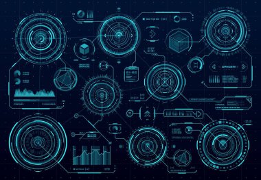 HUD fütüristik dairesel paneller, bilim kurgu web arayüzü ve iş bilgileri görsel veriler. HUD teknoloji vektör grafikleri ve UI ekran dijital elemanları, sanal gösterge paneli üzerindeki grafik şemaları
