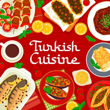 Et, balık ve sebze vektör gıdalarından oluşan Türk mutfağı menüsü. Kuzu şiş kebap ve peynirli pide ve peynirli pizza dolma patlıcan ve fındık ve otlu fırında uskumru.