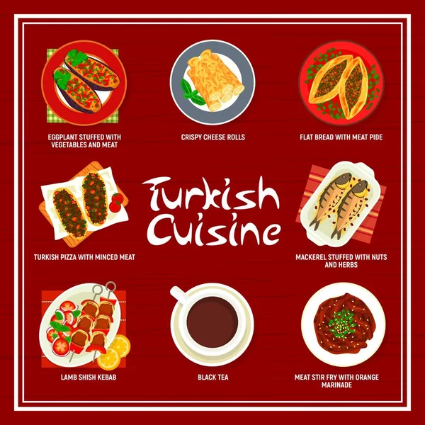 Menu Cuisine Turque Viande Vectorielle Shish Kebab Plats Légumes Poissons — Image vectorielle