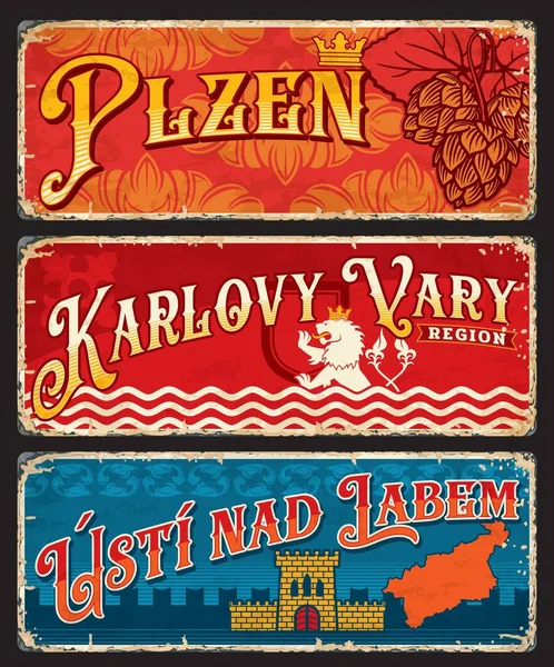 Plzen Karlovy Vary Usti Nad Labem Regiões Checas Adesivos Placas — Vetor de Stock