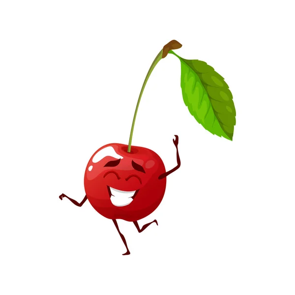 Vrolijke Cartoon Cherry Karakter Dansen Met Een Leuke Glimlach Vector — Stockvector