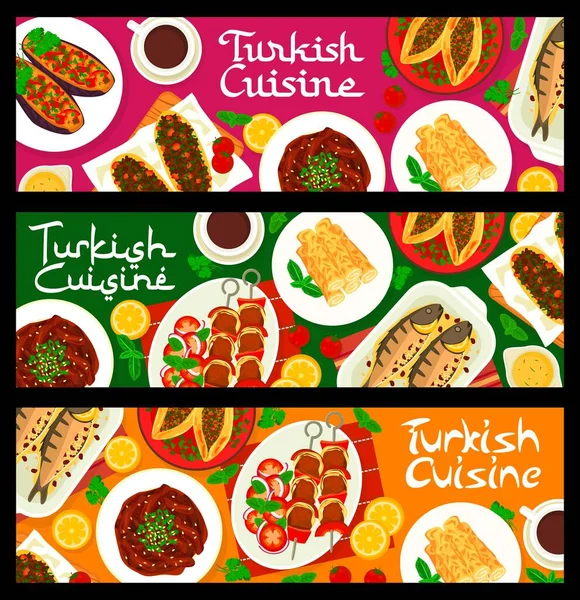 Cocina Turca Banderas Vector Alimentos Carne Kebab Verduras Barbacoa Platos — Vector de stock