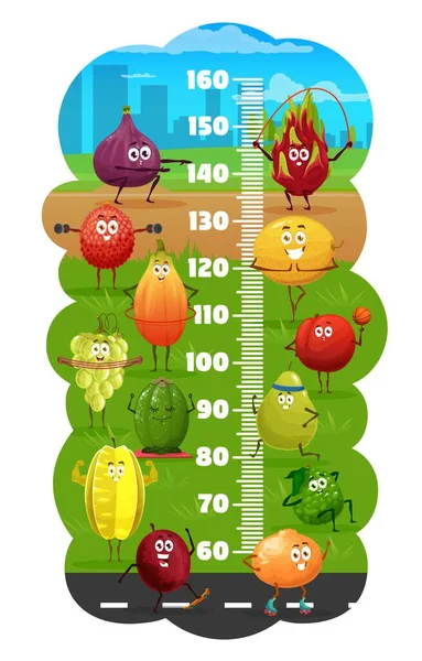 儿童身高图表与卡通人物的健康水果 用龙果 无花果和荔枝 葡萄和猕猴桃 木薯和Bergamot制作的儿童生长表尺子 番石榴做运动 — 图库矢量图片