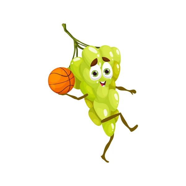 Funny Cartoon Grape Character Basketball Ball Vector Cartoon Fruits Food — Stock Vector