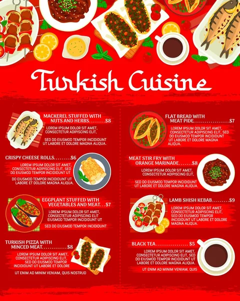 Türkische Küche Menüvektorschablone Mit Traditionellen Speisen Dönerspieß Grillgemüse Und Lammrührbraten — Stockvektor