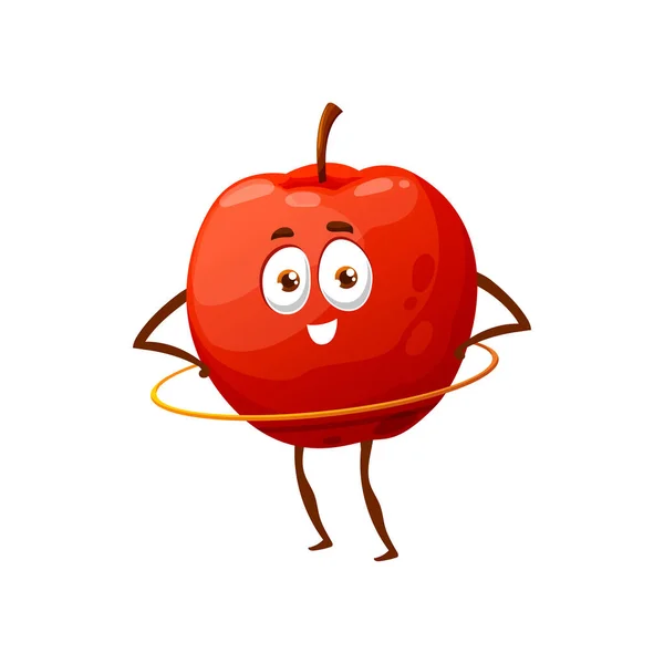 漫画のリンゴはフラフープで体操を行う孤立幸せな漫画のキャラクター ベクトル夏のフルーツ趣味スポーツ活動 フープで運動 健康的なリンゴの生活の積極的な方法 フィットネススポーツ — ストックベクタ