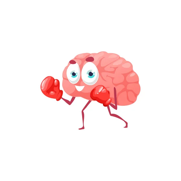 粉色脑运动拳击运动员孤立卡通人物 拳击手套中的矢量思维人的精神器官 戴着拳击手套的微笑的大脑 业余运动中的情感 可爱的思想者 — 图库矢量图片