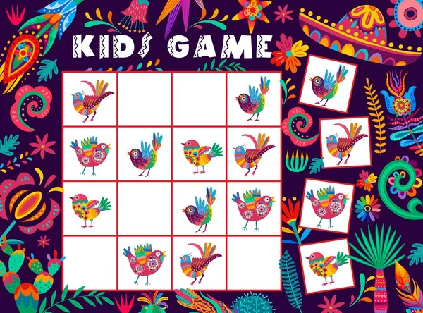 Crianças Jogo Sudoku Com Pássaros Mexicanos Alebrije Flores Cactos Penas — Vetor de Stock