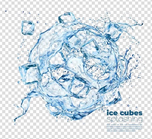 结冰的冰块在圆圆的水面上飞溅 现实的病媒冻结了融化的冰块和水滴 3D水波飞溅的饮料与冰块隔离在透明的背景下 — 图库矢量图片