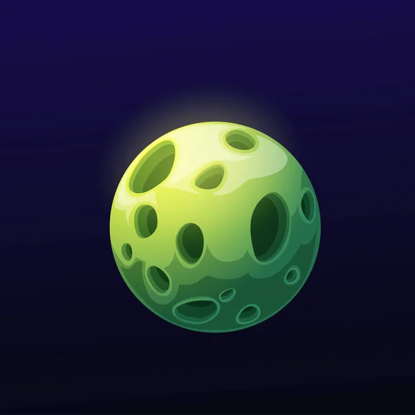 穴のある緑の銀河惑星 漫画のファンタジーエイリアン宇宙世界 ベクトル宇宙ゲーム輝く緑の表面とクレーター 別の世界の宇宙オブジェクトとUi幻想的な惑星 — ストックベクタ