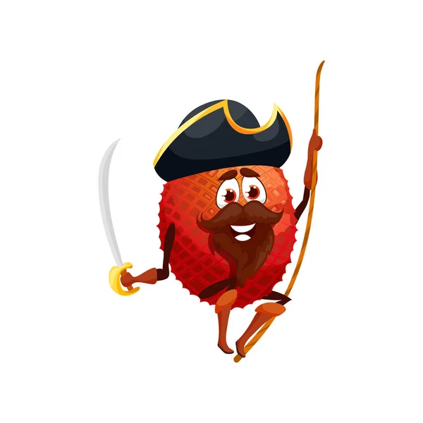 Rode Lychee Fruit Piraat Emoticon Stripfiguur Geïsoleerde Lychee Corsair Hoed — Stockvector