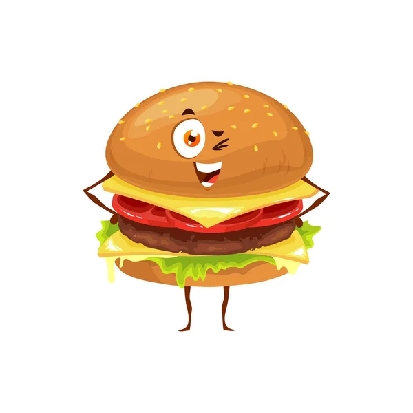 Cartoon Gelukkig Cheeseburger Karakter Knipoog Vector Grappige Fastfood Mascotte Happy — Stockvector