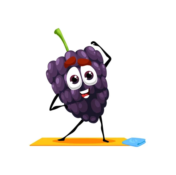 Cartoon Funny Blackberry Fruit Character Yoga Pose Vector Berry Personage — Stock Vector