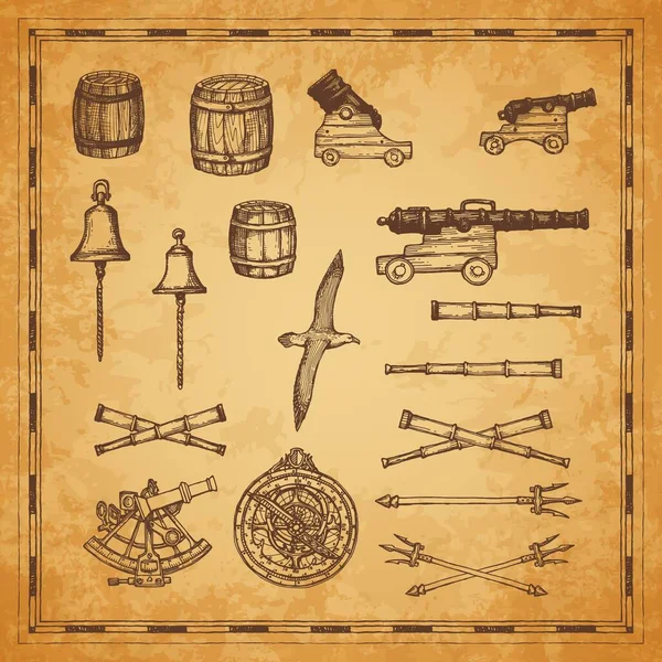 枪管和望远镜 三叉戟和星盘 性感素描 古代地图雕刻矢量要素 海盗或海盗船武器 信天翁鸟 中世纪航海设备和符号 — 图库矢量图片