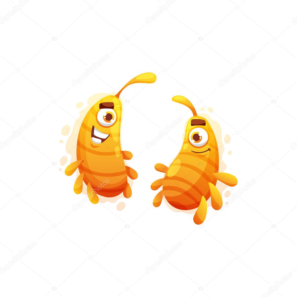 Cartoon pathogen cells characters, vector funny virus, microbe or bacteria. Smiling micro organism couple division into two daughter cells with same genetic material. Cute one-eyed smiling germs