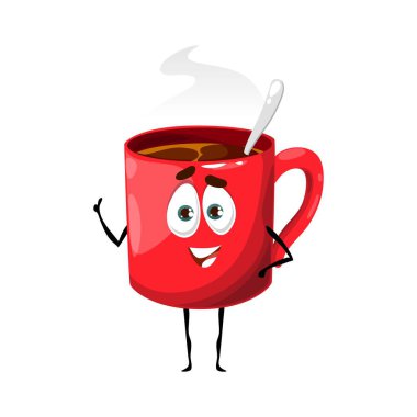 Çizgi film kahve fincanı karakteri, sıcak espresso buharlı bardak ya da çikolatalı içecek, vektör ikonu. Kaşıklı ve başparmaklı bir fincan kırmızı kahve, kahveli kahvaltı ya da kapuçino.