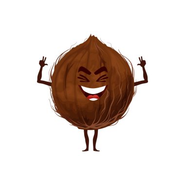 Çizgi film karakteri, komik hindistan cevizi. Şirin deli gülüşünü göster ve zafer jestlerini göster. Sağlıklı protein yemek maskotu, olgun tohum pozitif emoji, kawaii organik bitki, izole hindistan cevizi