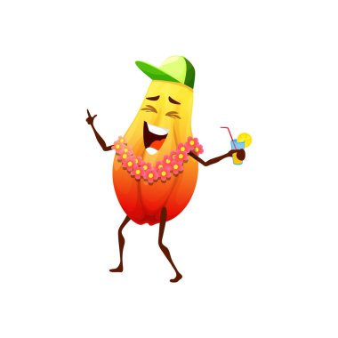 Kokteylli, vektör kişilikli tropik papaya meyveli çizgi film karakteri. Papaya meyvesi yaz tatilinde şarkı söyler ya da dans eder ya da plaj partisinde meyve suyu ve çiçek kolyesiyle kutlama yapar.