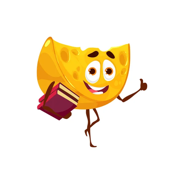 漫画のチーズキャラクターが図書館に行きます 乳製品保持本のベクトル黄色のスライスの特性と親指を表示します 面白いチーズ スマートなミルキーの人格は教育と知識を得る — ストックベクタ