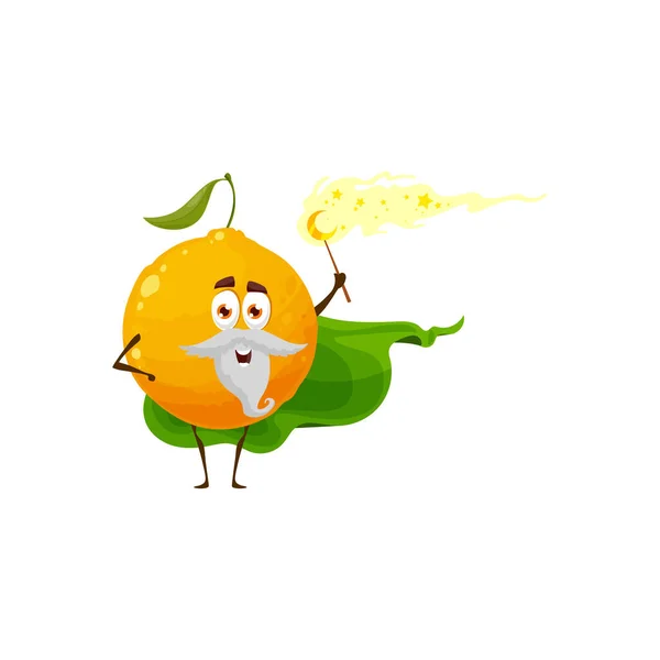 Cartoon Orange Fruit Wizard Magician Character Vector Senior Citrus Grey — Stock Vector