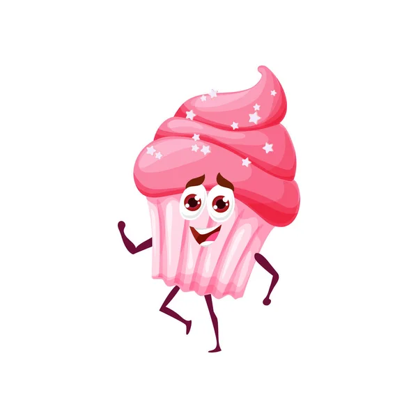 漫画ピンクのカップケーキのキャラクター コミックデザートマスコット 分離ベクトル幸せなクリームの渦のキャラクターと甘いペストリー笑顔 かわいいカップケーキ子供っぽいキャラクターダンスやウォーキング — ストックベクタ