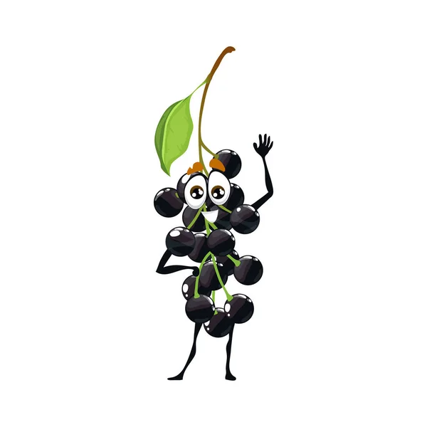 彼の手の漫画のキャラクターを振って面白いかわいい鳥の桜のベリー 幸せな笑顔で漫画の果物や甘いブラックベリーベクトルの性格 Ripe Bird Cherry Isolated Funny Character — ストックベクタ