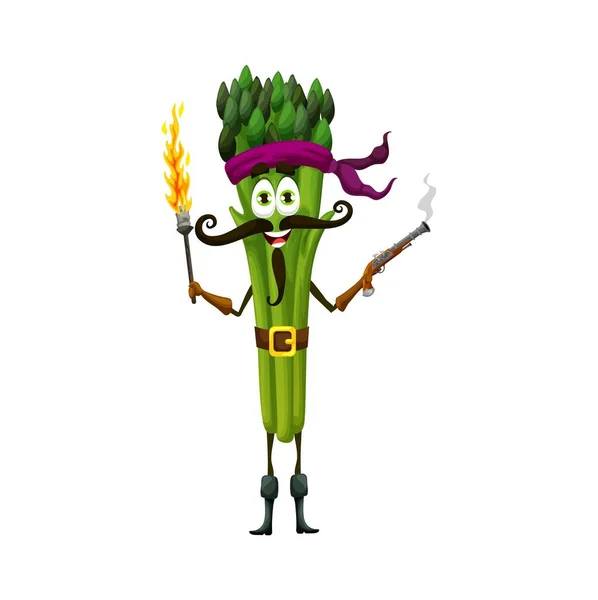 Cartoon Asparagus Pirate Vegetable Character Funny Vector Veggies Corsair Musket — Stock Vector