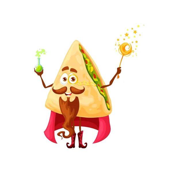 Cartoon Mexican Quesadilla Wizard Character Dengan Tongkat Sihir Happy Vector - Stok Vektor
