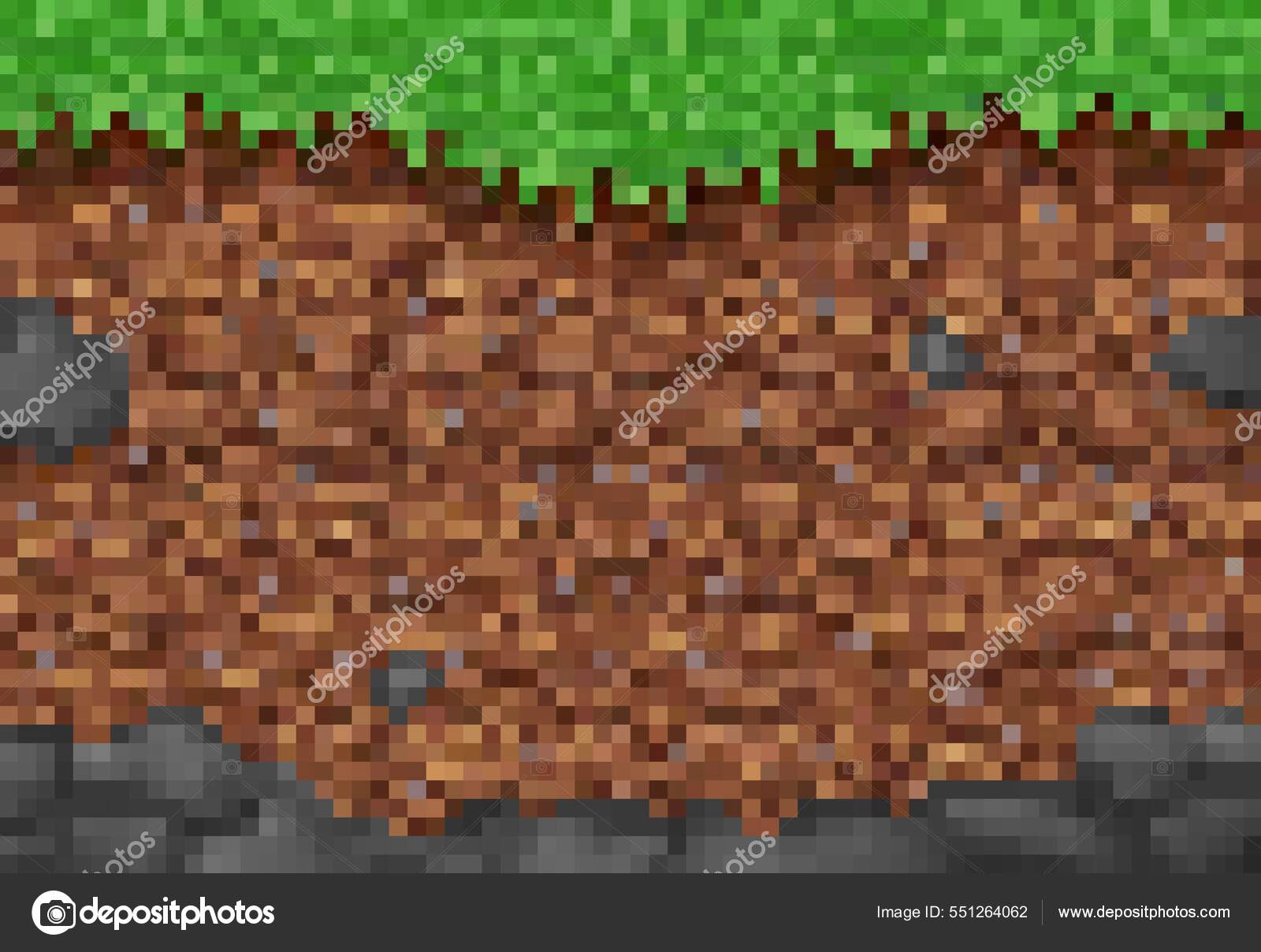 Padrão de blocos de grama, solo e pedra de pixel. plano de fundo