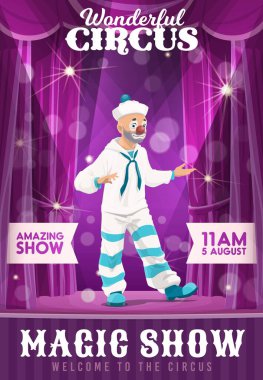 Shapito sirk posteri, sahnede karikatür palyaçosu vektör lunaparkı sihir gösterisi. Bilet gişesi ya da web afişi için sirk posterine hoş geldiniz. Joker ve soytarılar performans sergiliyor