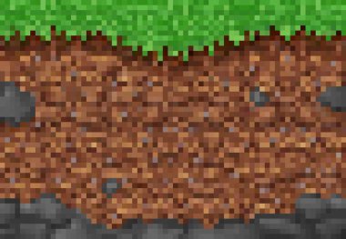 Piksel oyun arkaplanı, kübik piksel çim ve zemin blok deseni. 8bit oyun arayüzü tasarımı. Oyun sahnesi arkaplanı veya toprak katmanı yer altı kesit görünümlü arkaplan