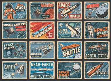 Astronotlar, uzay mekikleri ve galaksi klasik plakaları. Uzay araştırma programı, Mars görevi ve astronotlar, uzay istasyonları ve uzay gemileri ve gezegenlerle donatılmış yapay uydular.