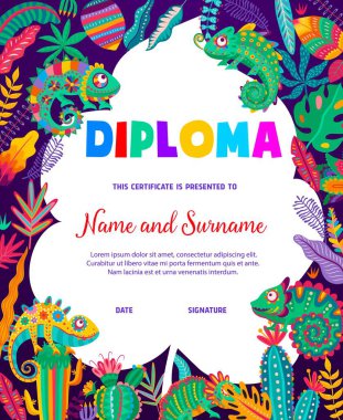 Meksika kertenkeleleri, kaktüs ve çiçekler, çocuk diploması vektör eğitim sertifikası. Okul sertifikası ödülü ya da bukalemun sürüngenleri ve kaktüs çiçekleri üzerine Meksika fiesta desenli diploma.