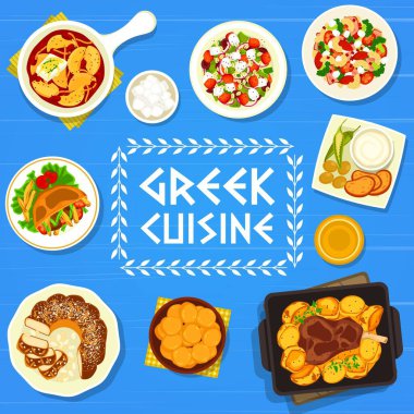 Yunan mutfağı vektör menüsü tatlı ekmek tsoureki, brokoli ve peynirli makarna ve patates yahnisini kapsar. Yoğurt sosu tzatziki, ballı donut loukoumades, pita sandviç gyro, arnaki kleftiko Yunanistan yemeği