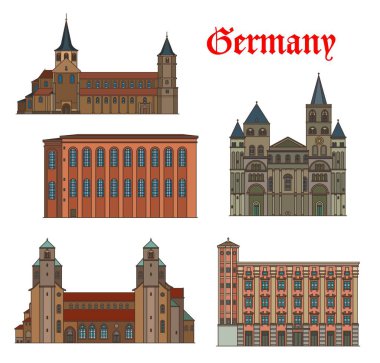 Trier, Hildesheim ve Linz 'in Almanya vektör binaları, mimari ve seyahat yerleri. Linz 'deki Aziz Peter Kilisesi ve Altes Rathaus, Liebfrauenkirche, Michaeliskirche ve Trierer Dom Katedrali