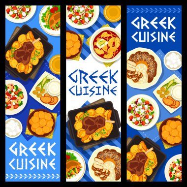 Yunan mutfak sancakları patates yahnisi, yoğurt sosu tzatziki, ballı donut loukoumades pita sandviç jiroskopu. Tatlı ekmek tsoureki brokoli ve peynirli makarna ve Yunan salatası Yunanistan yemekleri.