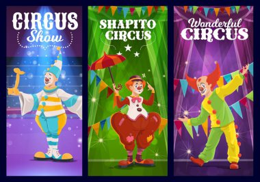 Shapito sirk palyaçoları, soytarılar ve soytarılar lunapark fuarında, vektör pankartta. Sirk karnavalı ve komik karikatür palyaçolarının sahnede balonları ve şemsiyeleriyle gösteri gösterileri.