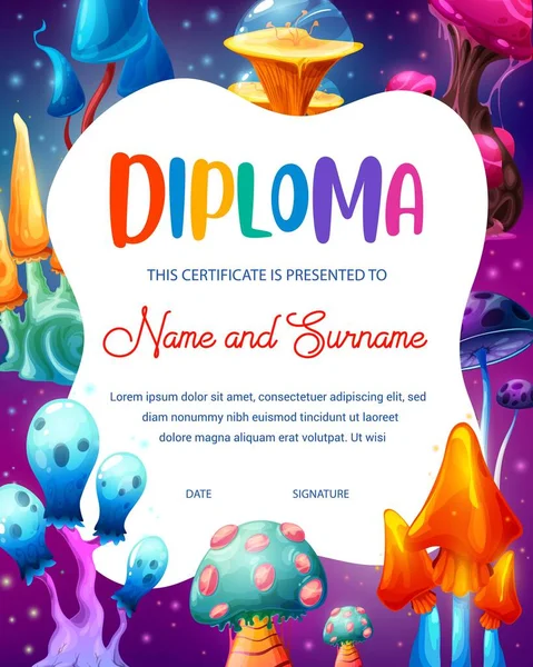 Diploma Vertical Para Niños Con Mundo Fantasía Setas Mágicas Certificado — Vector de stock