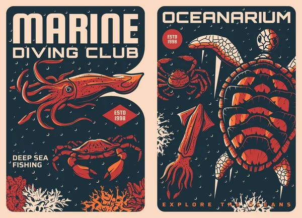 Squid Crab Turtle Retro Posters Marine Diving Hobby Deep Sea — Stock Vector
