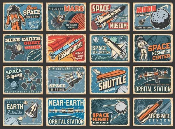 Astronautas Transbordadores Espaciales Placas Galaxia Vintage Programa Exploración Espacial Misión — Vector de stock