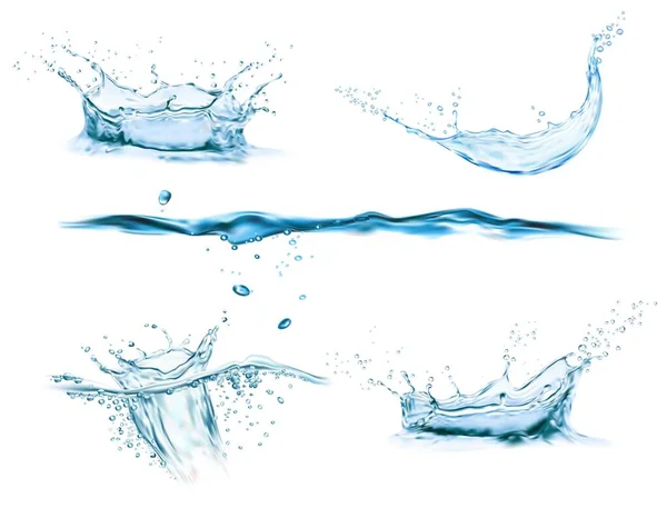 水クラウンスプラッシュと波が渦巻くとドロップします 白い背景に隔離されたスプレー液滴側のビューを持つベクトル液体スプラッシュアクア動的運動 青い水の流れ 現実的な3D純粋な水のスプラッシュ — ストックベクタ