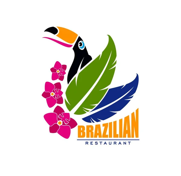 巴西美食餐厅的图标 花朵中带有触角 巴西咖啡店或餐馆病媒标志 带有热带丛林鸟类 棕榈树叶子和兰花的菜单装饰符号 — 图库矢量图片
