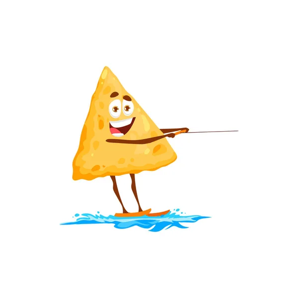 メキシコのチップナチョス水上スキーでサーフィンは面白い漫画のキャラクターを隔離しました ベクトルかわいいファーストフードスナックサーファー 笑顔の感情夏休みのスポーツ活動 幸せなナチョス食品感情 — ストックベクタ