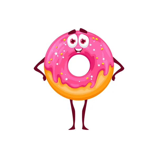 Мультфильм Розовый Пончик Десерт Характер Векторная Пекарня Персонаж Забавным Лицом — стоковый вектор
