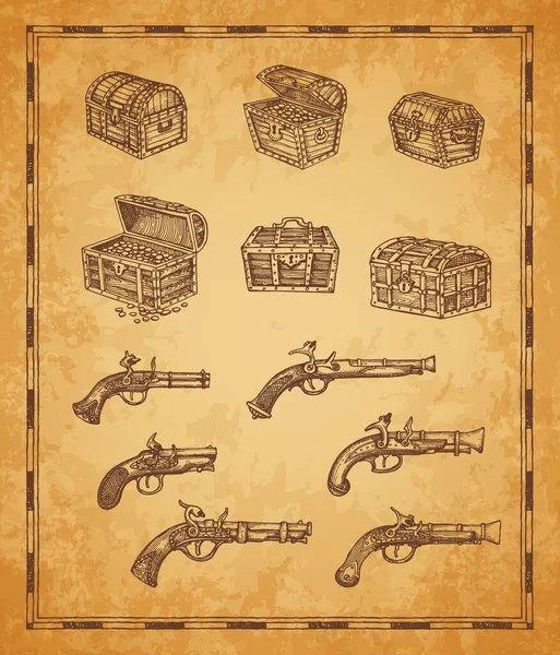 Bosquejo Vectores Armas Mosquete Pecho Elementos Mapas Antiguos Tesoros Piratas — Vector de stock